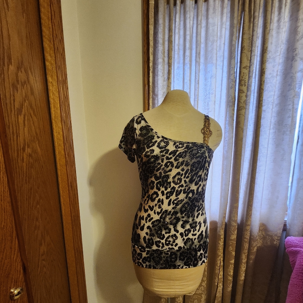 Elegant One-Shoulder Leopard Print Blouse, JUNIOR TOP